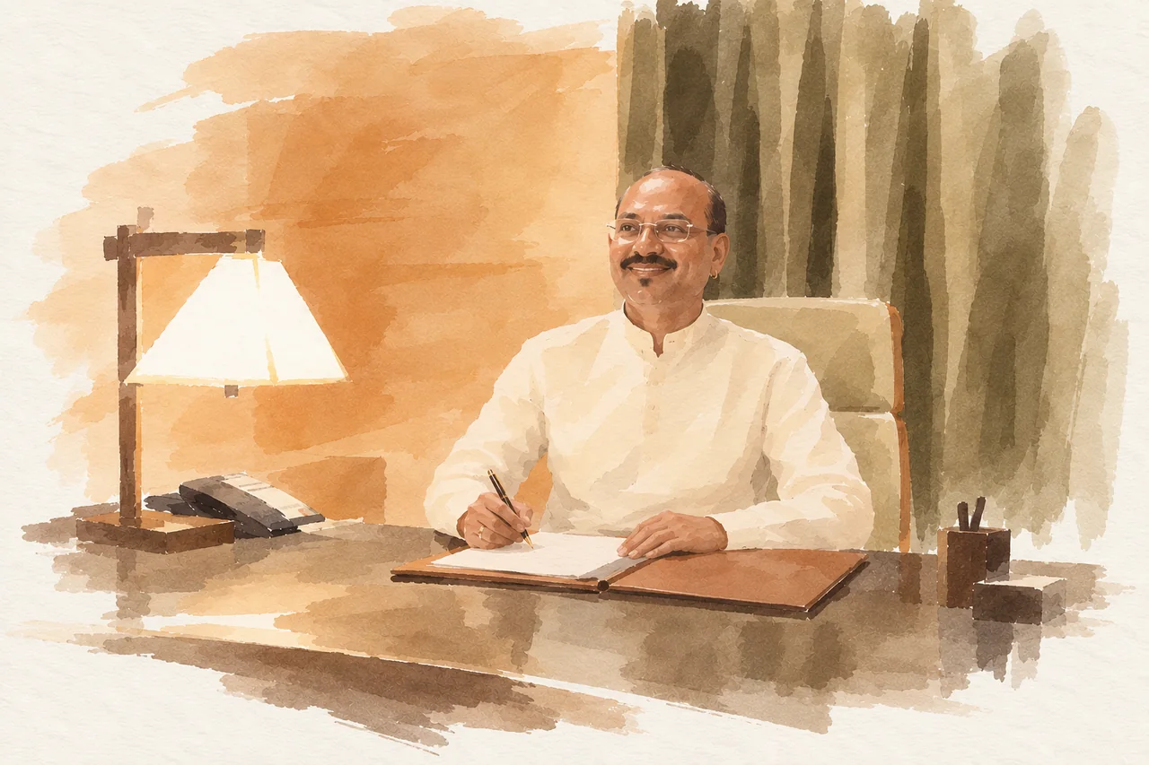 Painting of Asokan seated at his desk