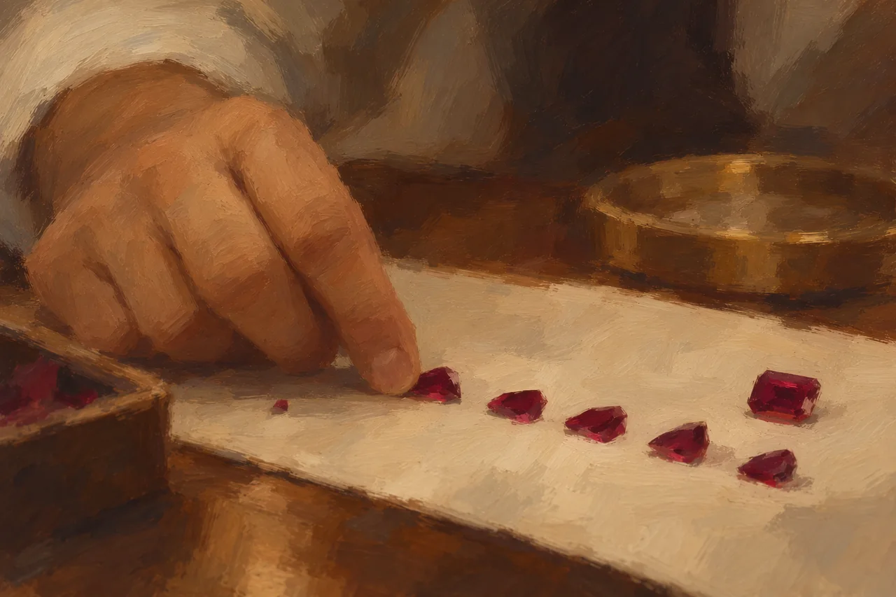 Painting of a hand selecting rubies on a jeweller’s table