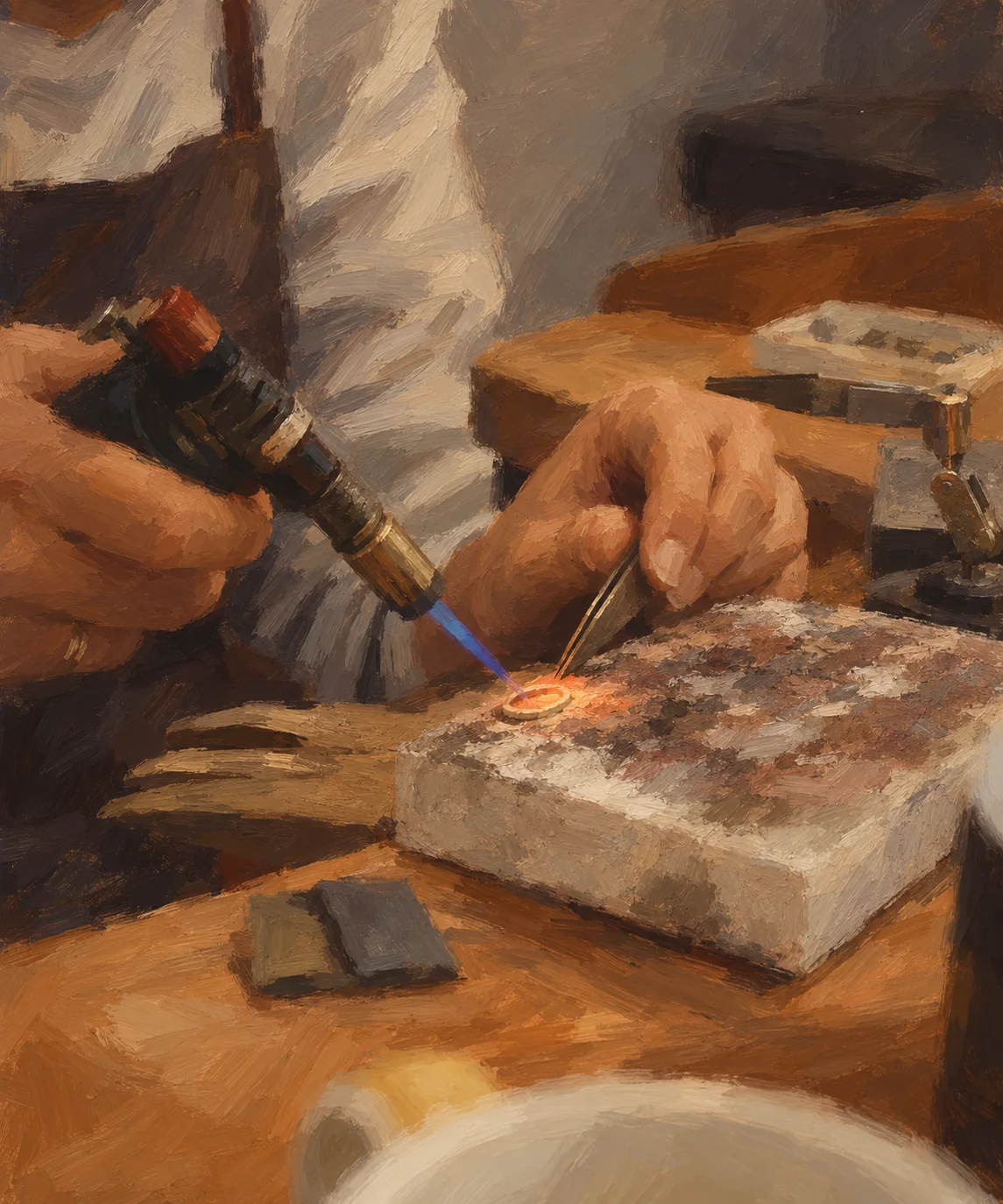 Painting of a jeweller shaping a ring with a torch and tweezers