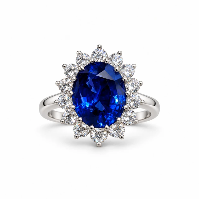 An oval blue sapphire surrounded by round diamonds arranged like flower petals.
