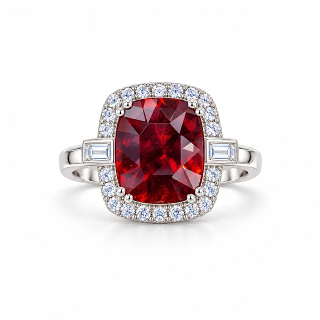 A ruby surrounded by small diamonds, with a rectangular diamond on each side.