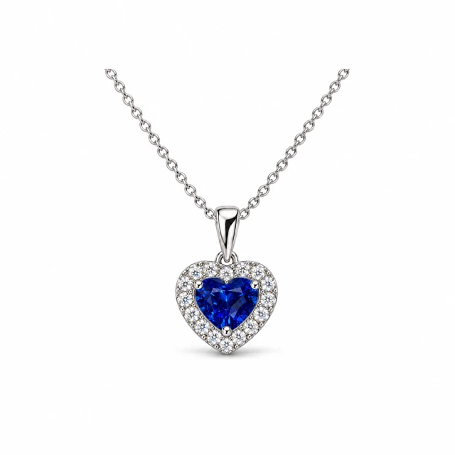 A heart-shaped blue sapphire surrounded by small diamonds.