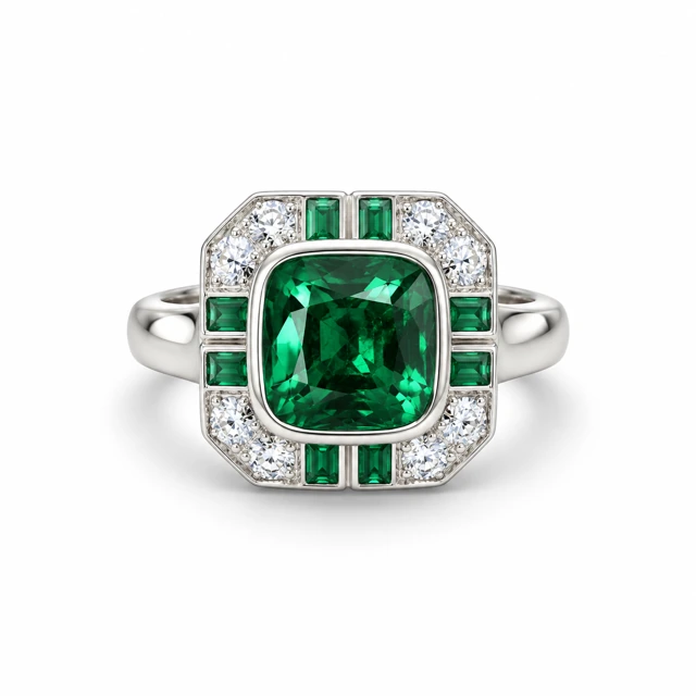 A cushion-shaped emerald framed by smaller emeralds and round diamonds.