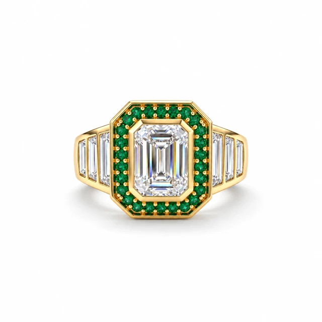 A rectangular diamond with an emerald border and rectangular diamonds along the sides.