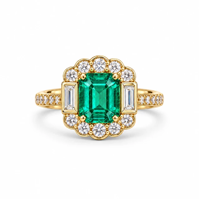 An emerald with a decorative border of round and rectangular diamonds.