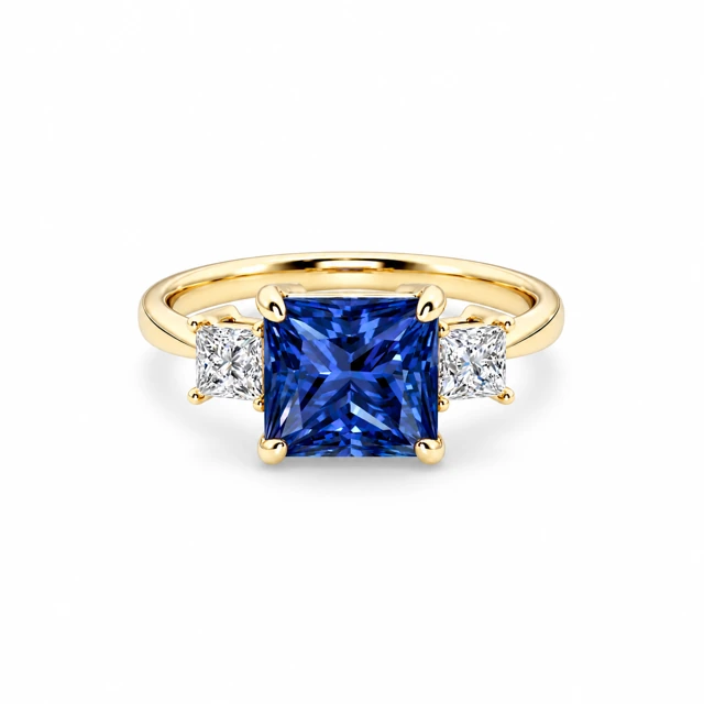 A square blue sapphire with a smaller square diamond on each side.