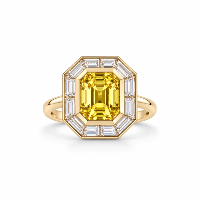 A rectangular yellow sapphire surrounded by a border of rectangular diamonds.