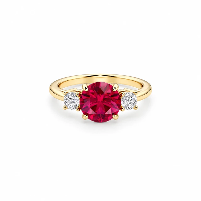 A round ruby with a smaller round diamond on each side.