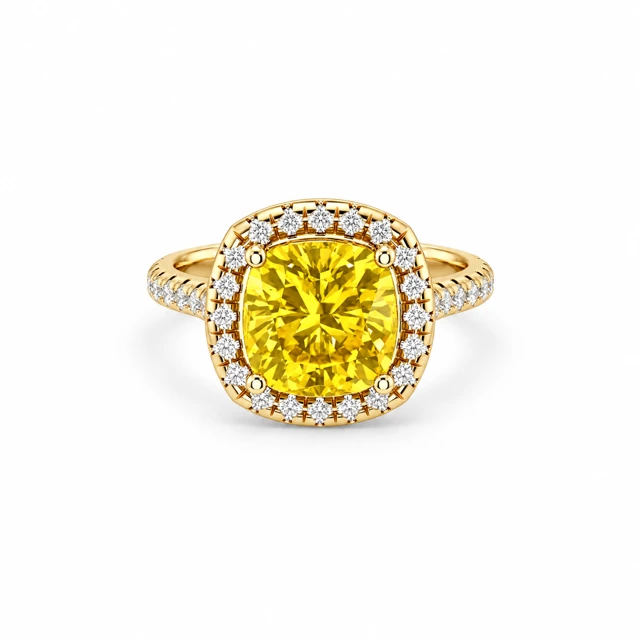 A yellow sapphire surrounded by small diamonds that continue along the band.