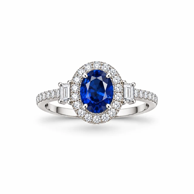 An oval blue sapphire surrounded by small diamonds, with a rectangular diamond on each side.