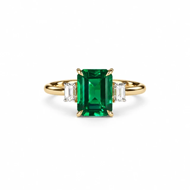 A rectangular emerald with a smaller rectangular diamond on each side.