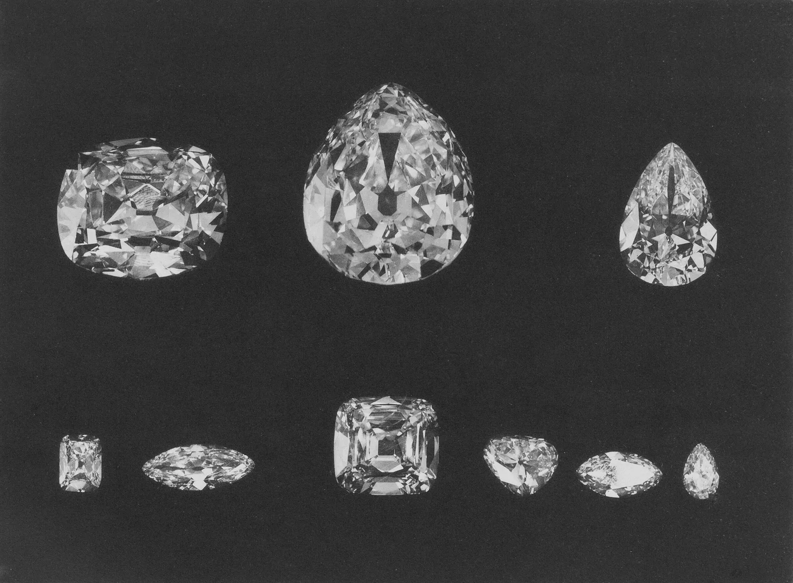 Black-and-white archival study of cushion, pear, emerald and other diamond cuts