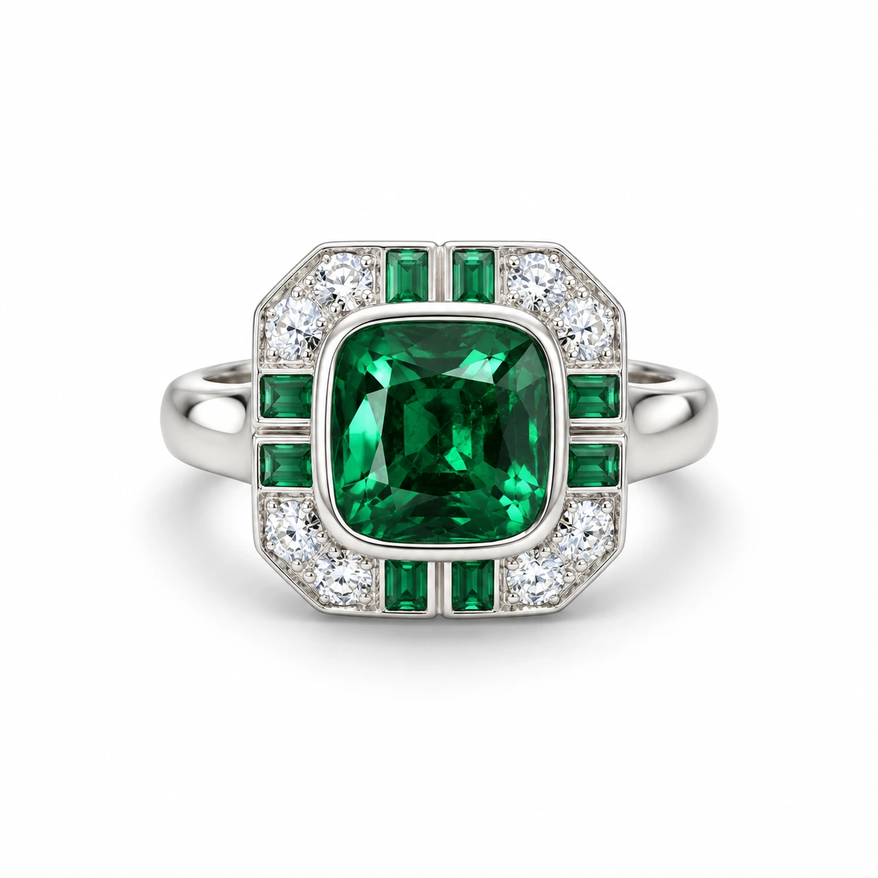 Emerald and diamond ring in white gold