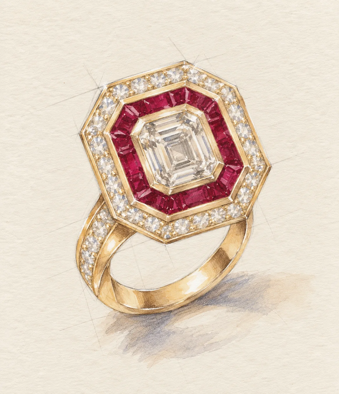 Design illustration of a ruby and diamond ring on warm paper