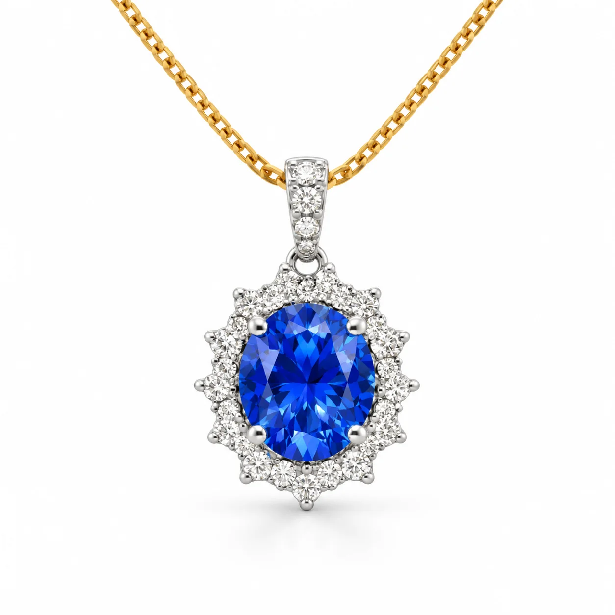 Design visualisation of a blue sapphire pendant with a diamond halo